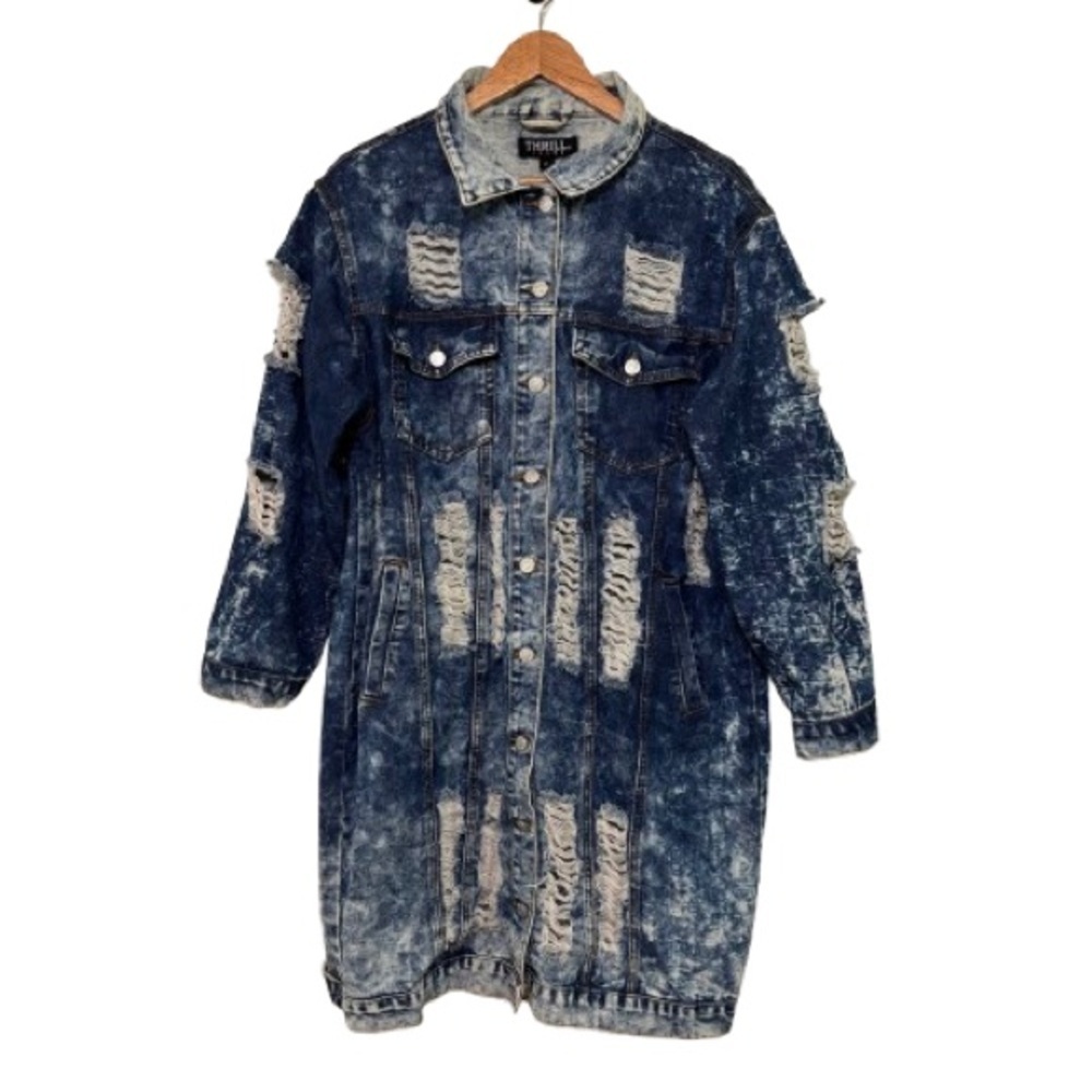 THRILL Thrashed Distressed Long Line Button Down Acid Wash Denim Jacket XL